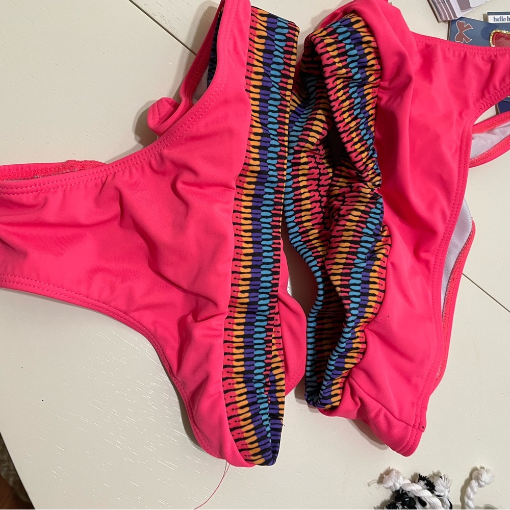 Vibrant salmon pink and Multicolor boho Swimsuit. One shoulder. Size small. - Picture 2 of 2